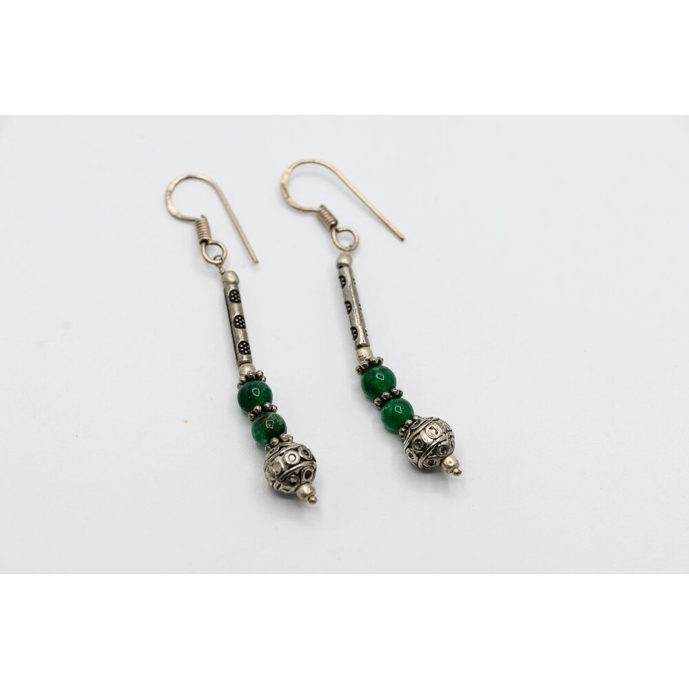 Earrings Silver‎ Tone Green Beaded Dangle Boho Western